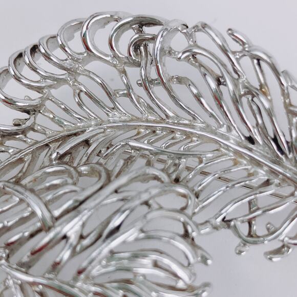 VTG Signed SAC Mid Century Brooch Silver Tone Openwork Feather Leaf - Picture 5 of 11